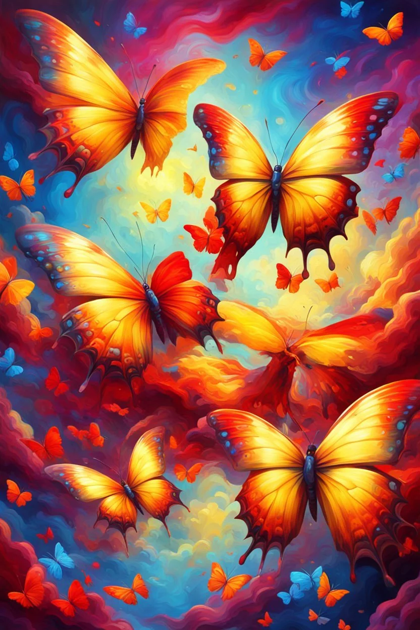 vibrant psychedelic oil painting image, airbrush, 64k, cartoon art image of background YELLOW and RED BUTTERFLIES , futurism style