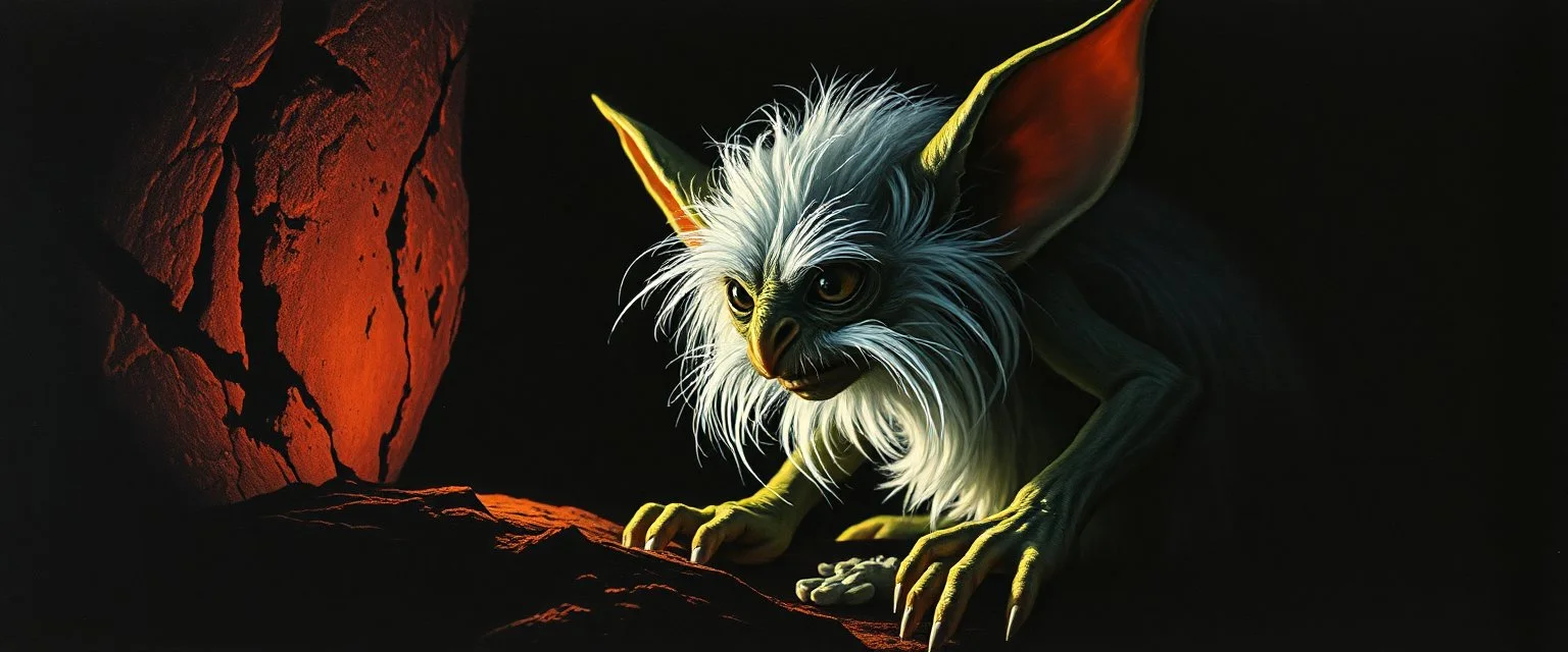 pen outline with some neon airbrush, glowing quickling gollum gremlin in the shadows with long fluffy white fur, pin hole camera, in the style of Rembrandt