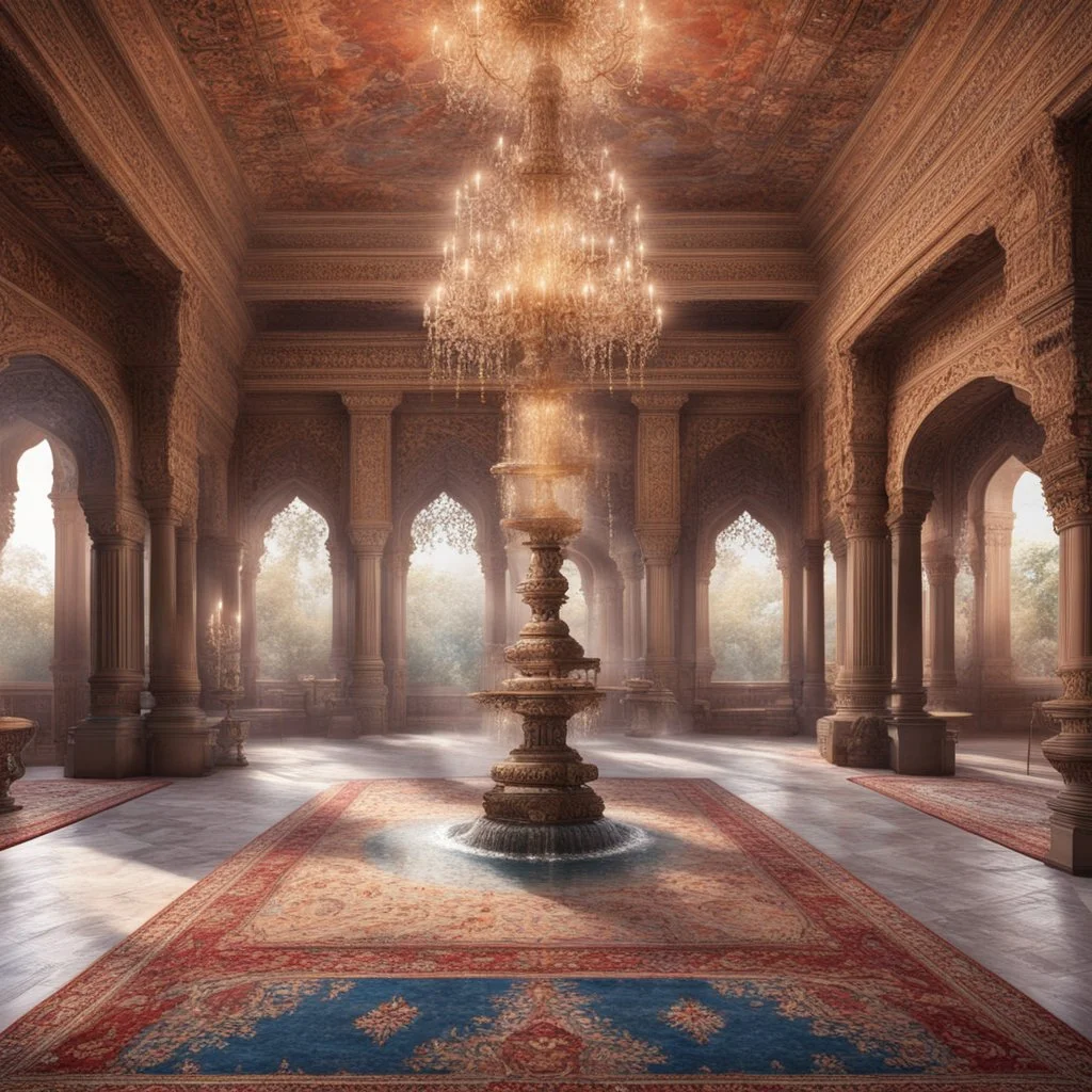 Hyper realistic detailed inside historical indian castle with chandeliers & ceiling paintings & glass work on pillars with beautiful carpet & water fountain