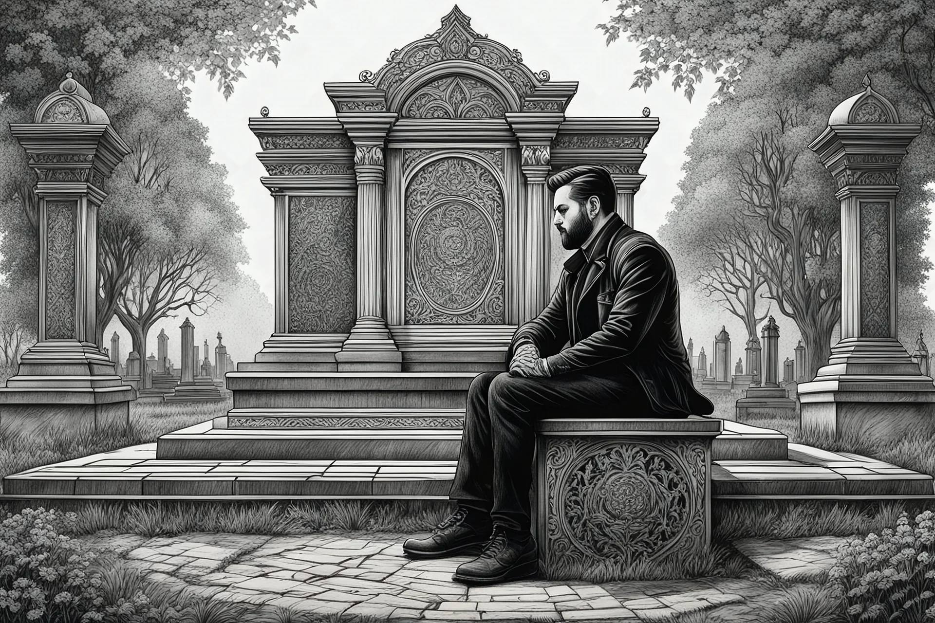 Man sitting a front of solo grave of Cemetery in 8k tattoo drawing style, intricate details, highly detailed, high details, detailed portrait, masterpiece,ultra detailed, ultra quality