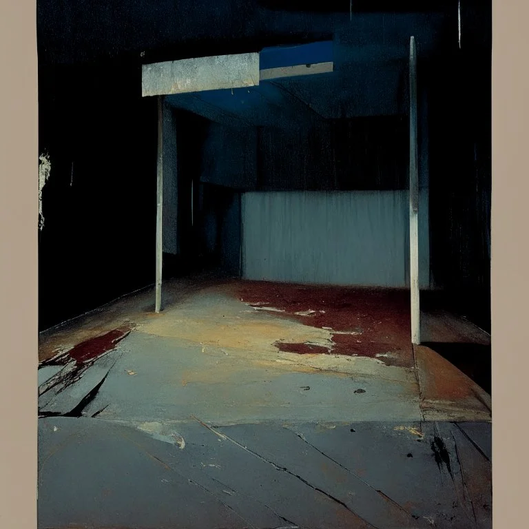 Minimal abstract oil paintings of a desolate concrete 1960s carpark. Road with distant Blurry lights. On the floor are concrete fragments and road markings . In the dark mysterious style of Justin Mortimer and Francis Bacon.