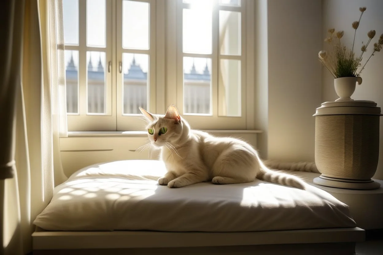 Lifelike cat-shaped bed with a cat lying on it in an elegant bedroom, bedside table, window, pictures on the walls in sunlight.