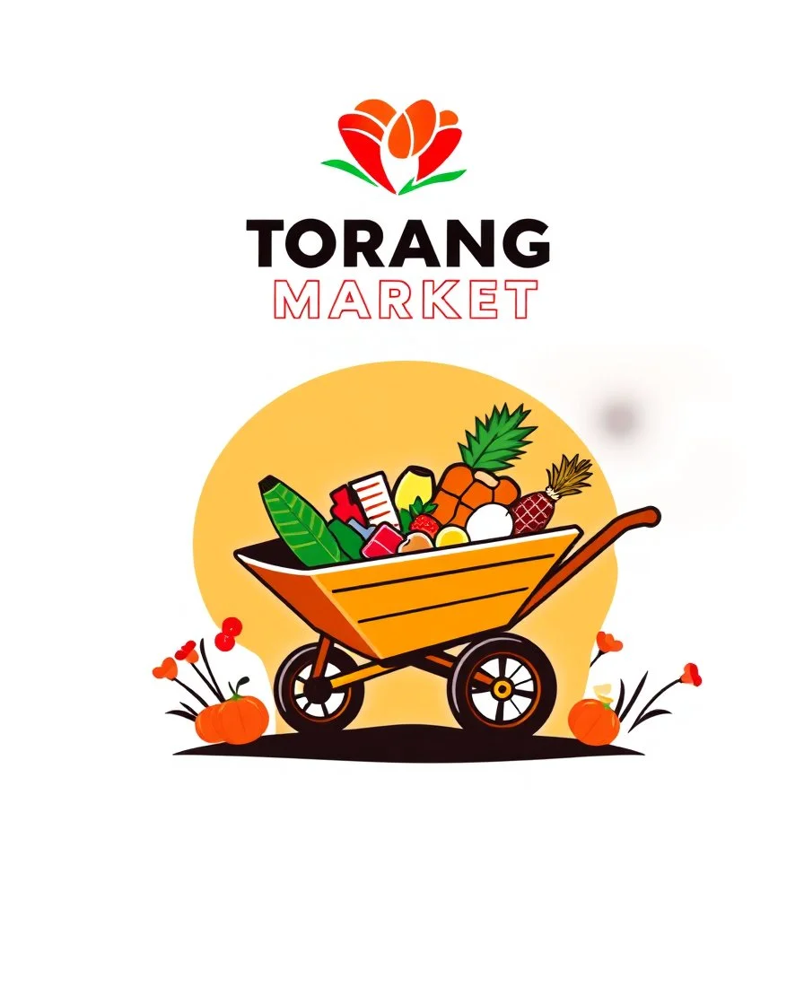 A design for a supermarket called (Torang Plus Market) in the form of an attractive logo at the top of the image with a wheelbarrow full of products in the middle of the image on a special and beautiful background with a color spectrum of orange, red and white.