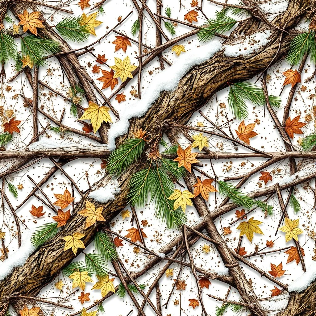 detailed Real Tree Camouflage made of sticks, twigs, tree bark, green pine branches, dried maple leaves, snow and dirt, white background, seamless repeatable texture camo pattern