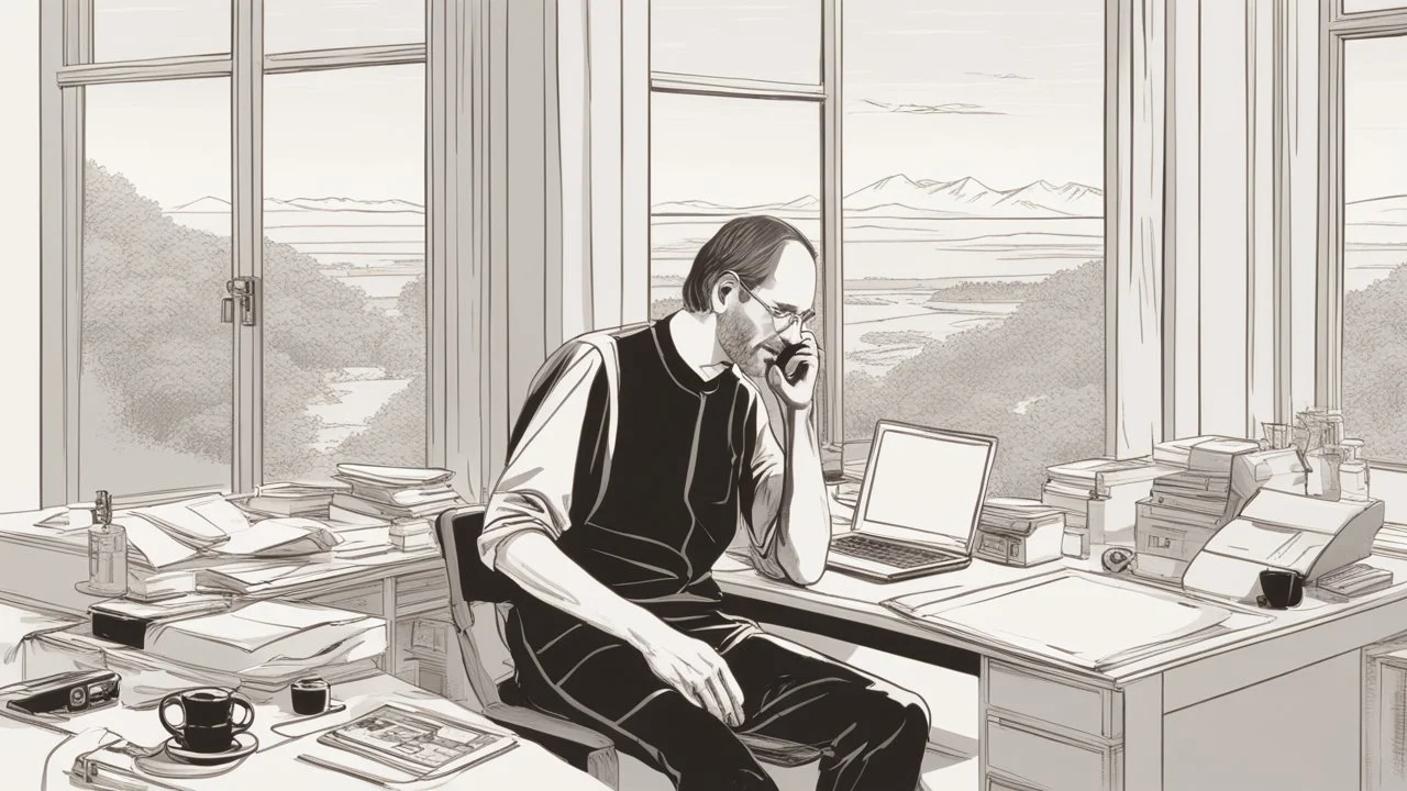 الصورة تعرض ستيف جوبز وهو جالس في مكتبه الخاص، وراءه نافذة تطل على مناظر طبيعية هادئة. يظهر جوبز وهو يرتدي ثوبًا بسيطًا ويتلقى مكالمة هاتفية بينما يعمل على جهاز كمبيوتر محمول. يتسم وجهه بتعابير التفكير العميق والابتسامة الخفيفة، مما يشير إلى تركيزه الشديد وتفكيره الابتكاري. على مكتبه، يمكن رؤية مجموعة من المخططات والنماذج المصغرة لأجهزة تكنولوجية، مما يظهر اهتمامه بالتفاصيل والتصميم المميز. كما يمكن أن نلاحظ تواجد كتب وأدوات كتابة، مما يشير إلى تطلعه المستمر للمعرفة والابتكار. الإضاءة في الصور