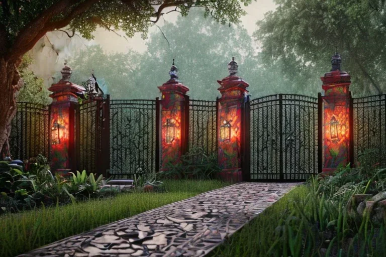 open iron gates made of colorful stained glass, covered in vines, trees, very large entry leading to a lush garden, see lot details in the garden, photo realistic 4k, nature, beautiful hand laid checkered pattern stone walkway path, trending on artstation, sharp focus, studio photo, intricate details, highly detailed, by greg rutkowski