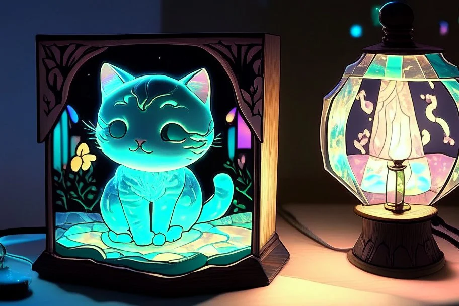 a cute chibi cat watching fappily a bioluminescent stained glass tyffany lamp on a wooden nightstand