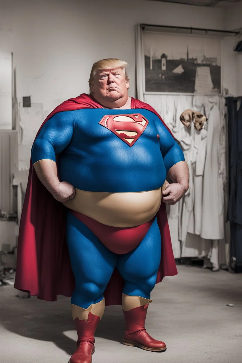 morbidly obese superman with donald trump's head and his belly hanging out