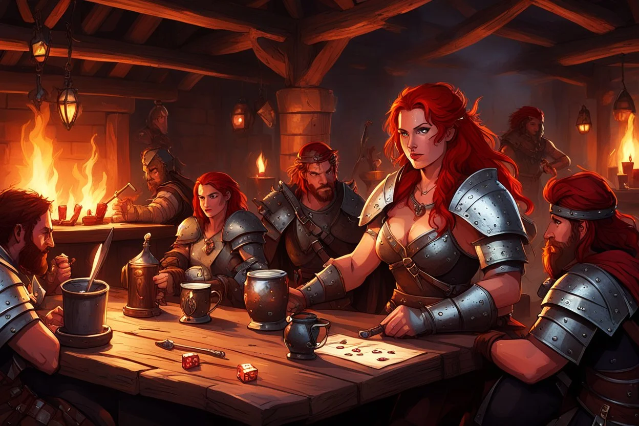 A dark medieval tavern interior, warm firelight and smoky atmosphere, crowded with rough mercenaries and travelers, wooden tables covered with mugs and dice, torchlight reflecting on steel weapons, in the center a striking red-haired warrior woman resembling Red Sonja sitting confidently at a table near the hearth, chainmail armor glinting in the firelight, a sword resting against the table, dramatic cinematic lighting, gritty sword-and-sorcery fantasy mood, viewed from the doorway as a traveler