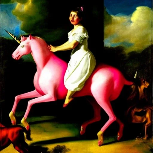 Retrato de una Mujer muy guapa llamada Gemma Arnau Arnau montando un unicornio rosa con el estilo de Diego Velázquez