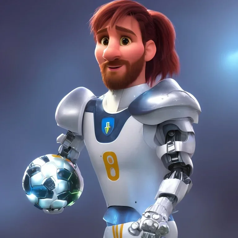 portrait,lionel messi robot, wearing argentina, post-apocalyptic in a football stadium, realistic, intriacte detail, sci-fi fantasy style, volumetric lighting, particales,highly detailed,cinamatic, deep colours,8k