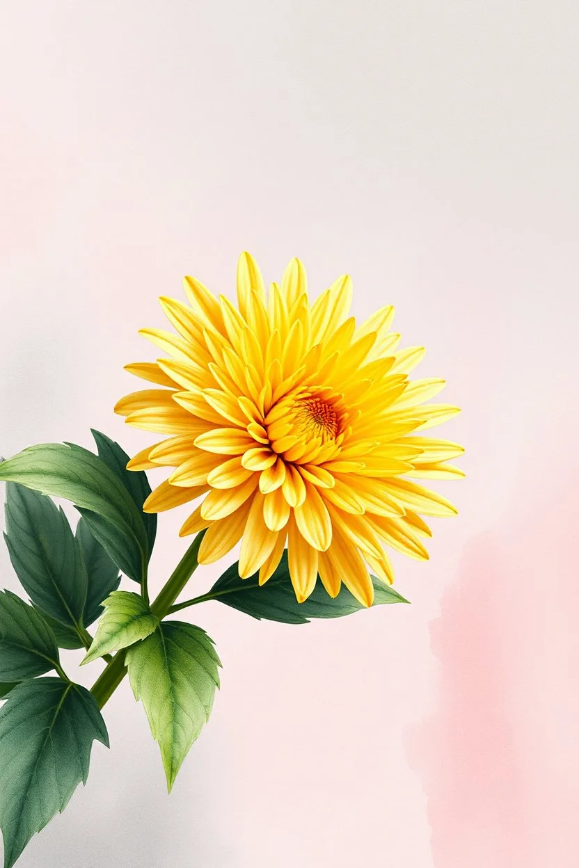 Create a beautiful realistic watercolor image. There is an amazing yellow Japanese Spider chrysanthemum with leaves on the grey and light pink stained background. Realistic. HD.