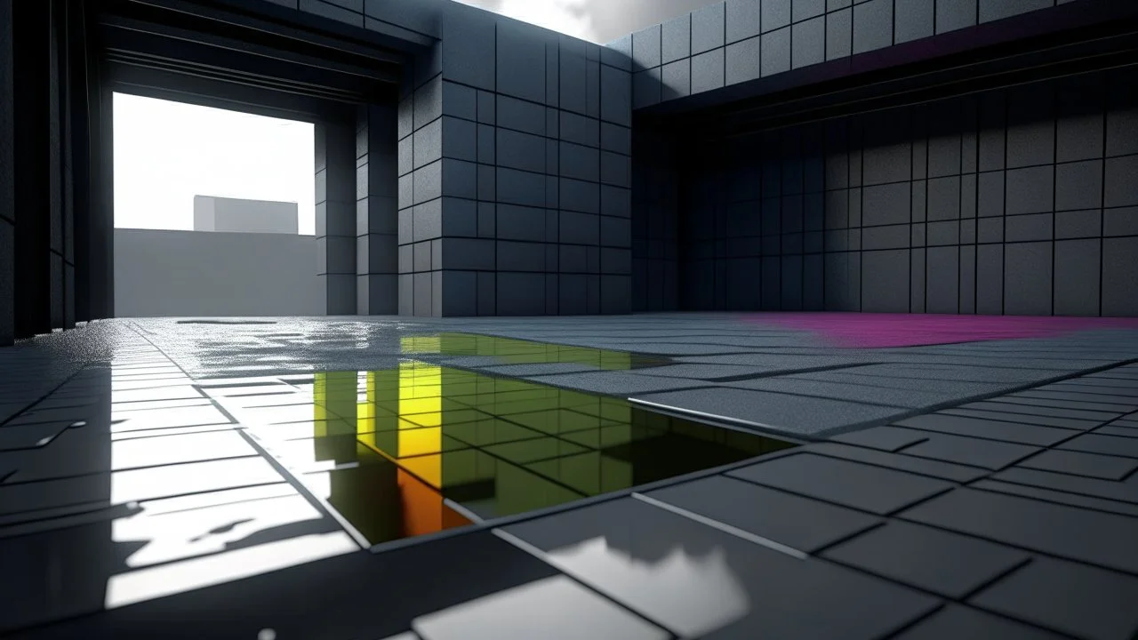 3d model, Gray brutalist concrete square on a rainy day, with colorful reflections of the sky shimmering on the wet ground, figure, octane render volumetric, highly detailed videogame aesthetic