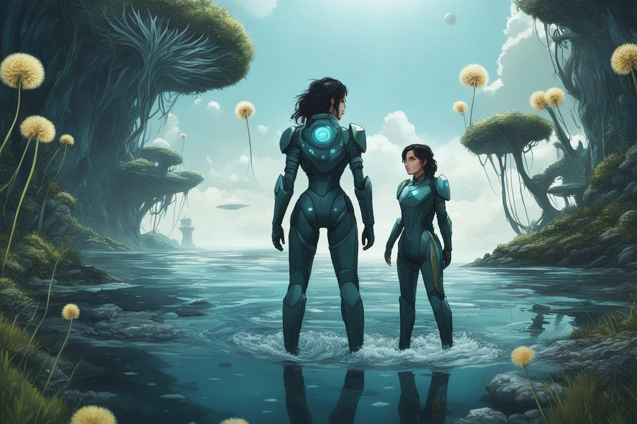 young woman in an android suit with dark hair, standing on the shore of an alien sea. Floating forests with dandelion tops in the distance