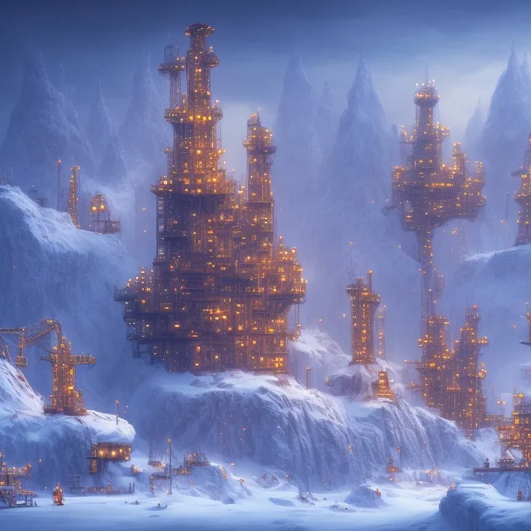 dwarves building a oil platform in winter landscape