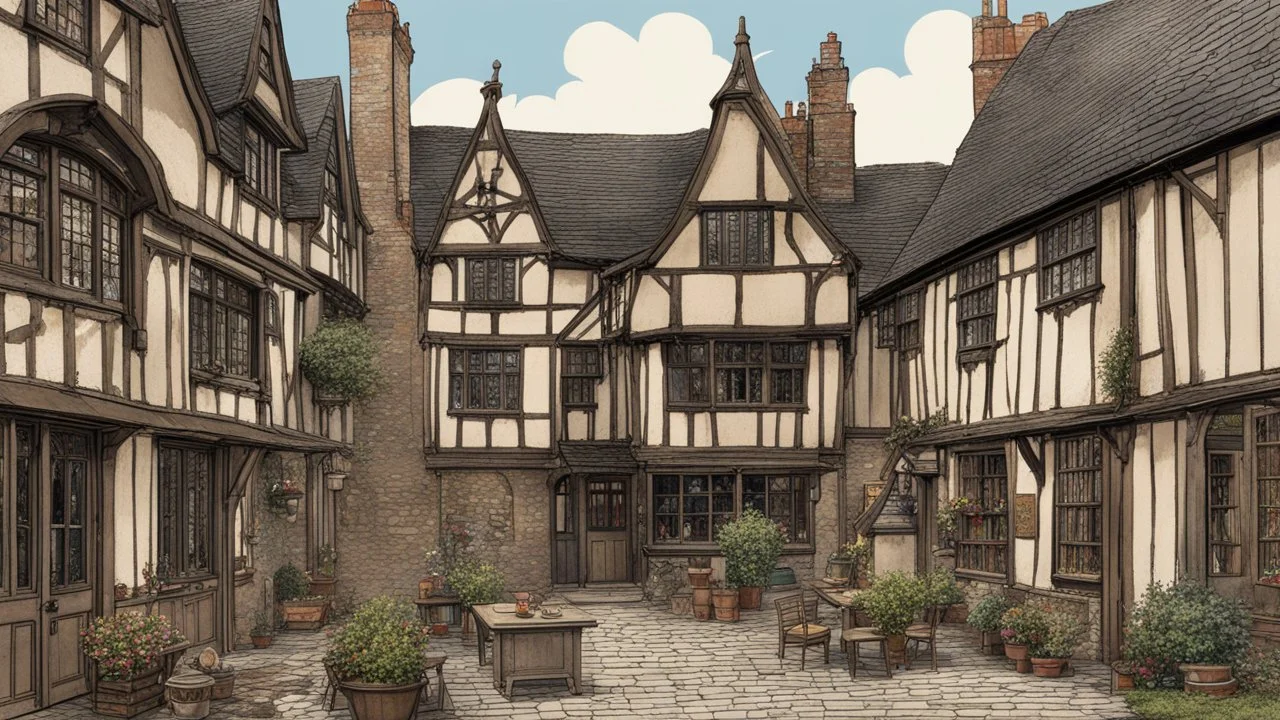 A Paved Courtyard, With Tudor Gothic Houses, Tall Chimneys, Crooked Roofs, a small stream, People, Shops,