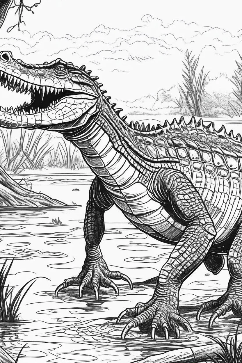 Outline art, no shading, full body crocodile in the river, black and white, low detail, --ar 9:11