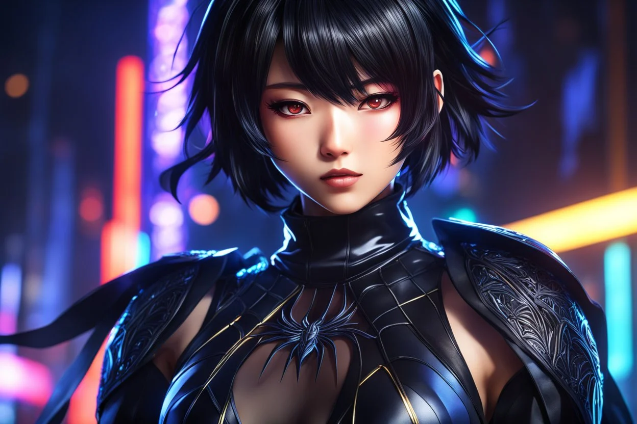 Hot Asian in 8k solo leveling shadow artstyle, silk theme, spider costum, short black hair, mouth cover, dynamic pose, oshare kei, hurufiyya, rtx , neon lights, intricate details, highly detailed, high details, detailed portrait, masterpiece,ultra detailed, ultra quality