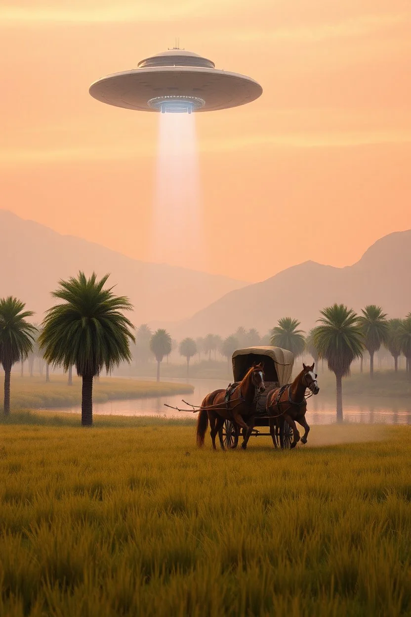 A field of date palms trees by the river and a ufo spacecraft hovering a chariot pulled by horses