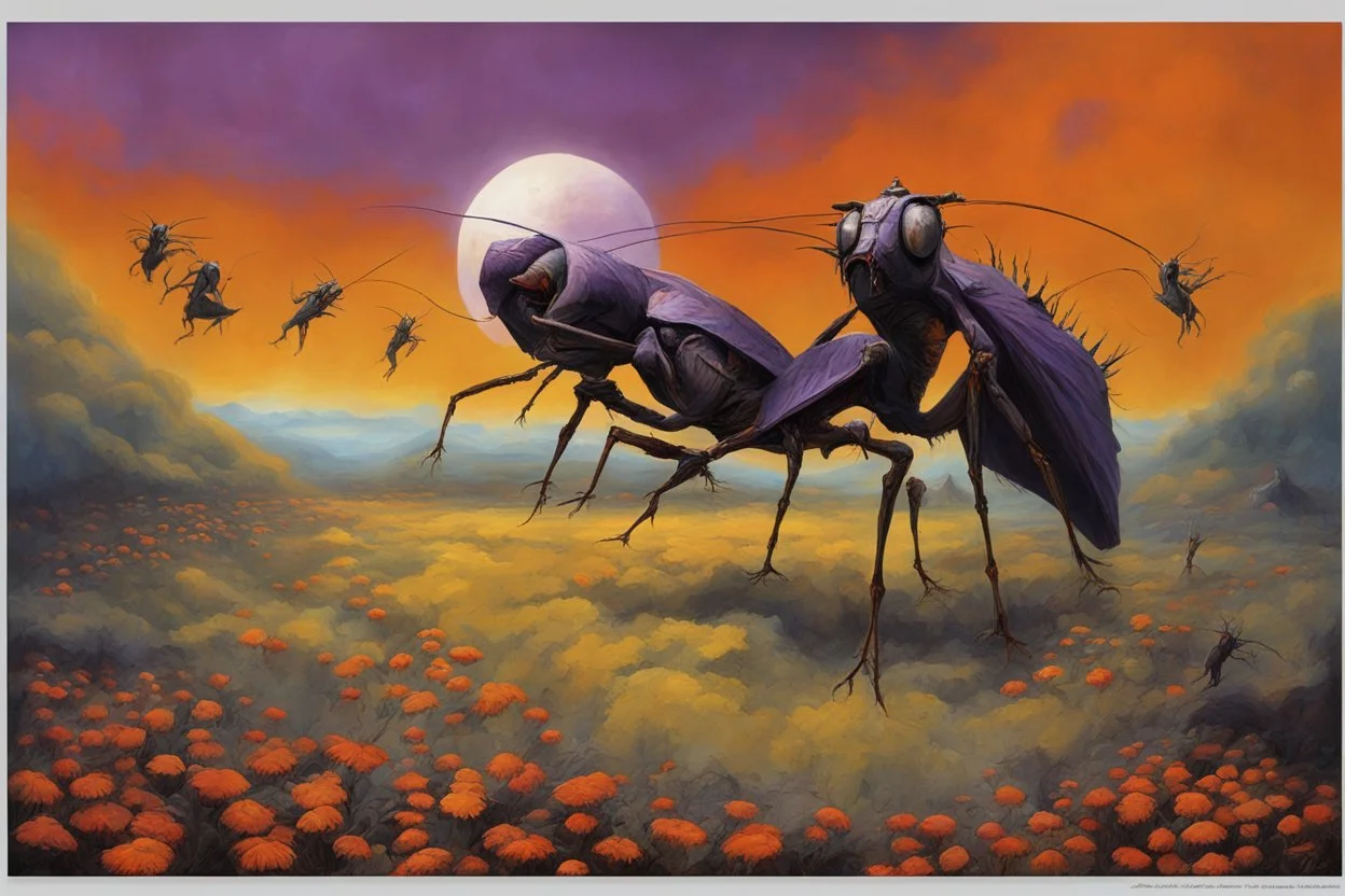 Bless the locust who dances a curtain over the sky and makes the field blind, warm colors, asymmetric neo surrealism, by Roger Dean, by Alexander Jansson, noir, volumetric lighting, smooth beautiful art style, orange-black-violet color scheme.Bless the locust who dances a curtain over the sky and makes the field blind, warm colors, asymmetric neo surrealism, by Roger Dean, by Alexander Jansson, noir, volumetric lighting, smooth beautiful art style, orange-black-violet color scheme.