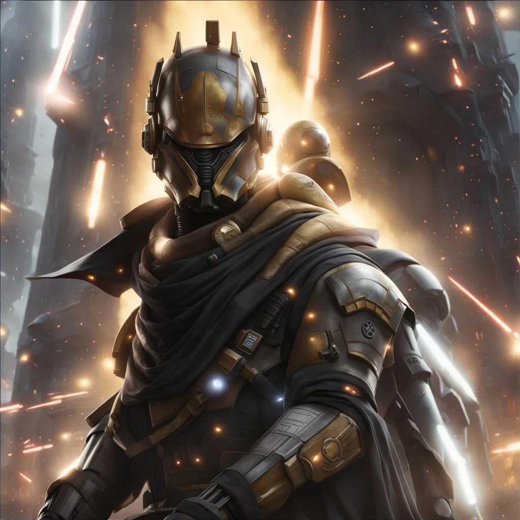 star wars bald male corellian pilot wearing pearlescent black and gunmetal grey First Order special forces heavy assault armor and helmet with gold trim inside the jedi temple, centered portrait, hyperdetailed, dynamic lighting, hyperdetailed background, 8k resolution, volumetric lighting, light skin, fully symmetric details