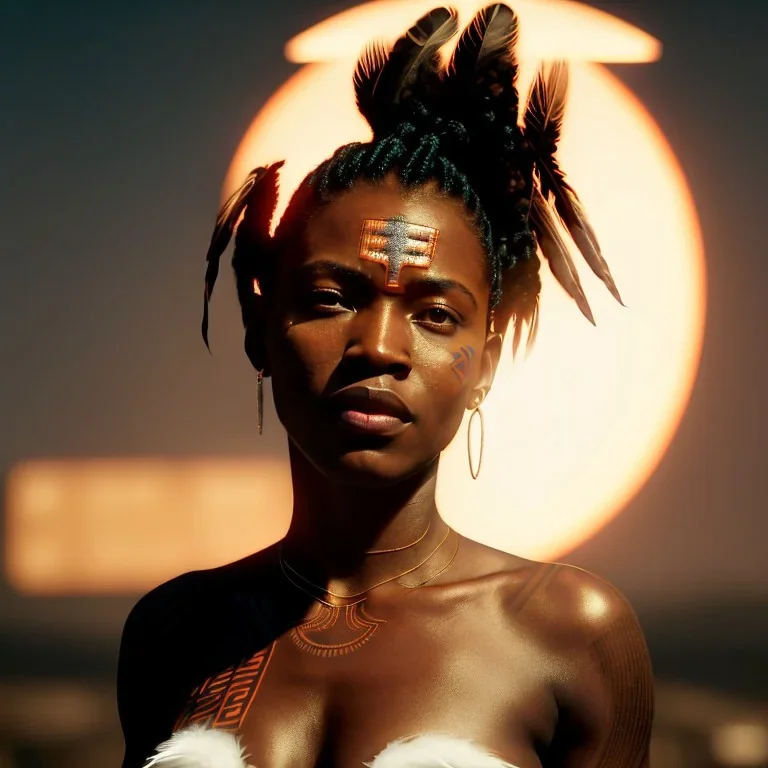 A beautiful portrait of a cyberpunk black tribal woman with lot's of grain on her skin and tribal tatoos, with natural hair floating in the wind cyborg smiling facing camera orange color scheme, high key lighting, volumetric light high details with white stripes and feathers unreal 5, octane render, cinema4d, dynamic lighting, dramatic lighting, 4k, redshift render, highly detailed, hyper realistic