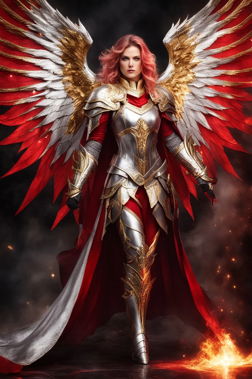 Gorgeous Fullbody Photography Beautiful Woman dressing silver and golden knight armor with glowing red eyes, and a ghostly red flowing cape, crimson trim flows throughout the armor, golden and silver spikes erupt from the shoulder pads, silver and gold angel wings, crimson hair, spikes erupting from the shoulder pads and gauntlets in hellfire background