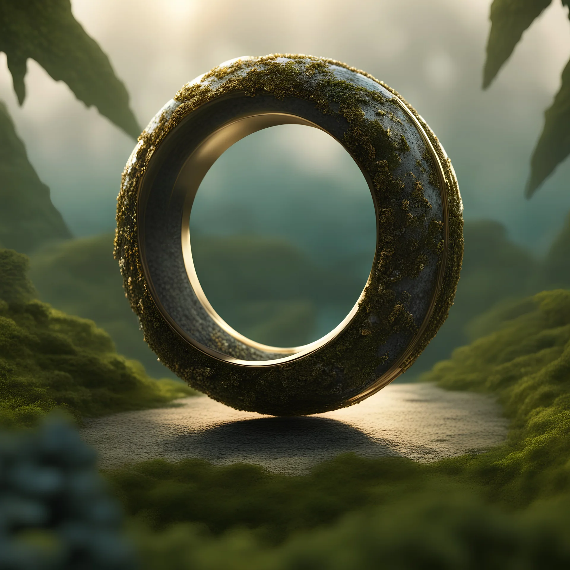 a shimmering ring with a tiny, lush world nestled within its center, full wide view, highly detailed, 8k