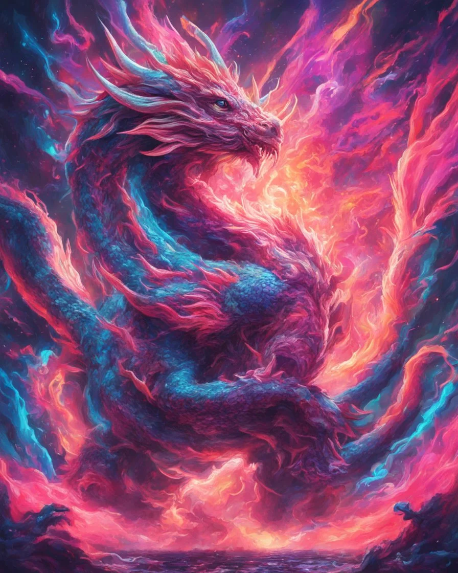 Close up shot, Dragon in a vibrant synthwave dreamscape, neon chaos swirling energetically around pixelated forms, a dynamic fusion of retro gaming nostalgia and futuristic abstraction