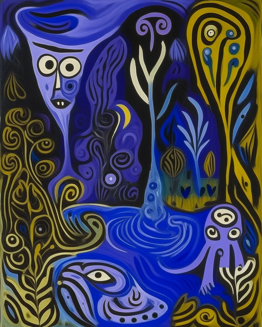 A purple swamp with ghosts designed in Mexican folk art painted by Pablo Picasso