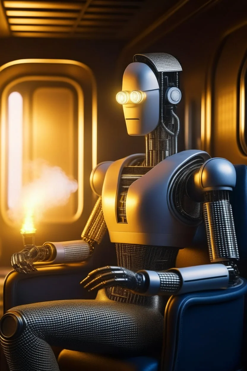 portrait of futuristic space robot holding lotsa phones chatbot smoking a sigar on a throne in a fast bullet train , smoke, 4k, downlight, soft light, depth of field, photorealism