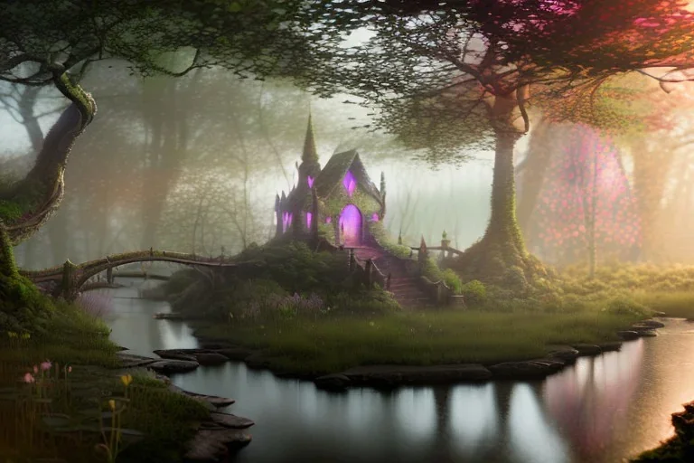 Magical fantasy elven house misty forest rivendell tree flower pink green yellow beautiful nature river