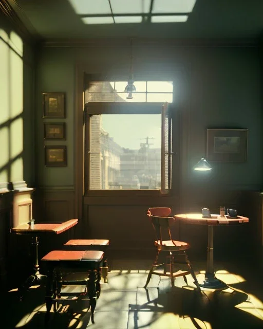 Scene, realistic photo, Edward Hopper style, retro futuristic, concept art, smooth, unreal engine 5, god lights, ray tracing, RTX, lumen lighting, ultra detail, volumetric lighting, 3d.