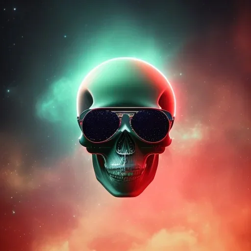 Midjourney style of detailed and intricate skull wearing red sunglasses| wearing cosmonaut suit| portrait and science fiction theme| aurora lighting| nebula and stars| stunning environment| volumetric lighting| vibrant