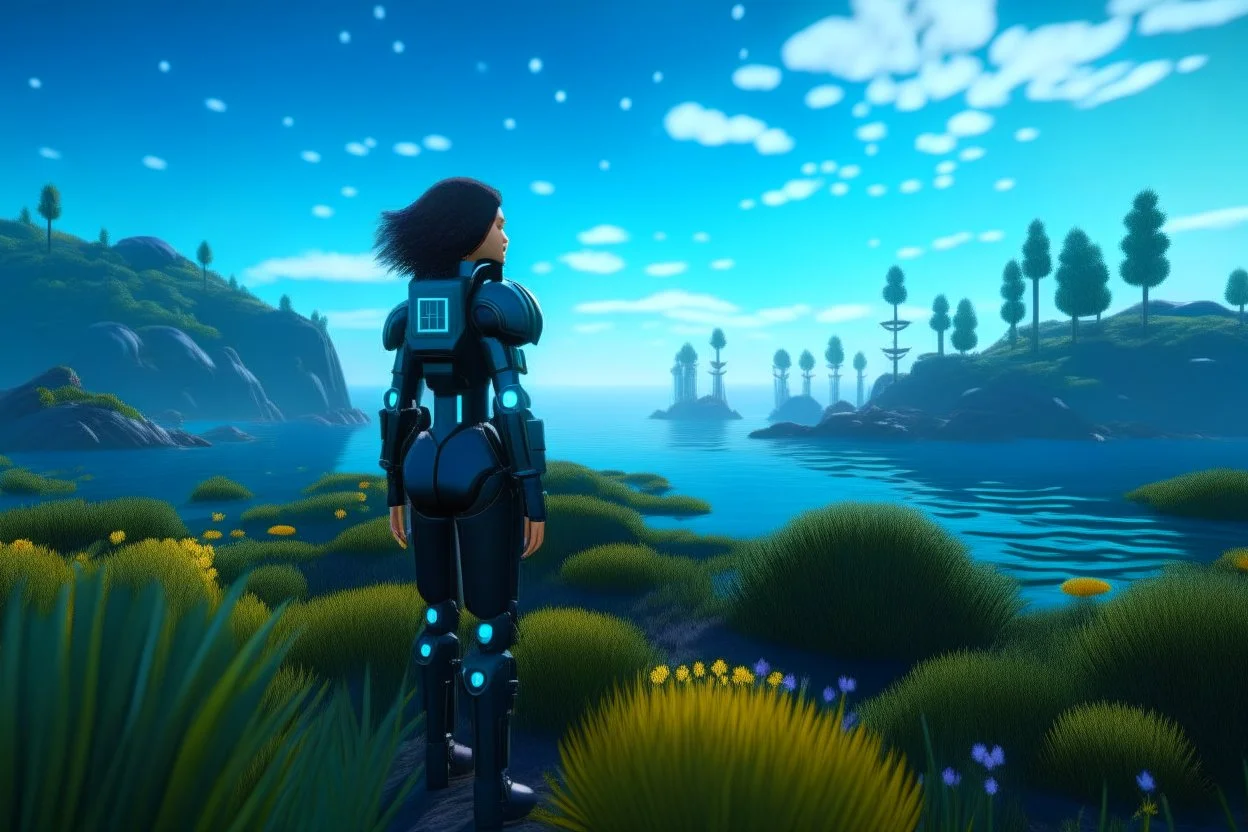 young woman in an android suit with dark hair, standing on the shore of an alien sea. Floating forests with dandelion tops in the distance