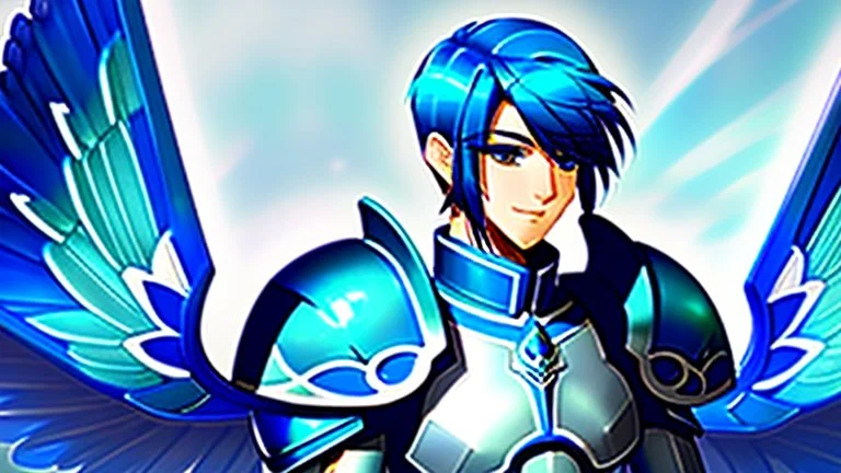 a human male with blue short hair and blue wings in assymetrical armor with geometric patterns and a book in hand