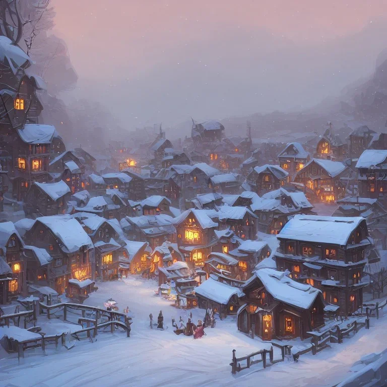 cozy village in a snowy valley during evening