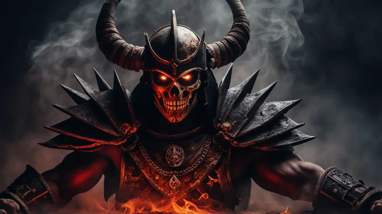 a warrior with bones sticking out of his chest and with eyes made of embers surrounded by smoke. he is fighting a demon. dark horror setting. terrifying horror backgrund. blood, guts, gore. visceral.