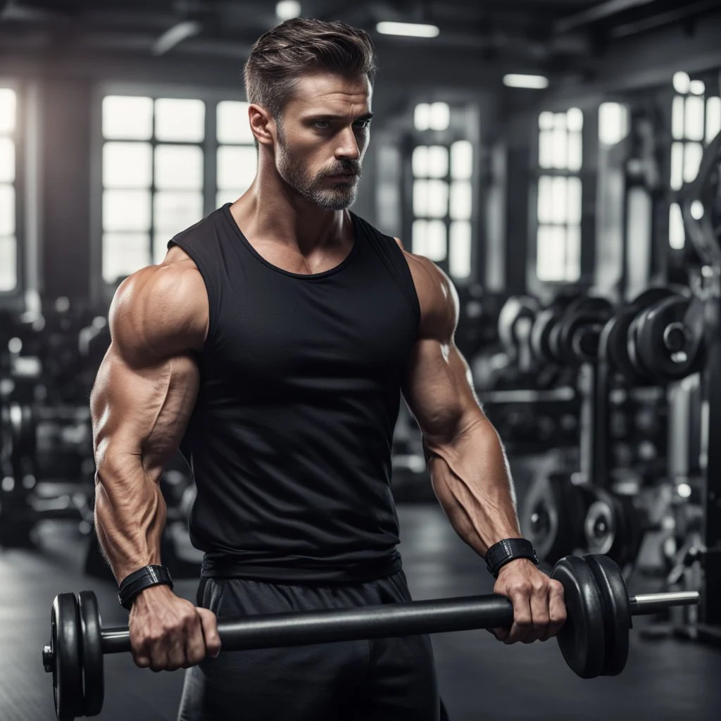 Hyper Realistic muscular-handsome-man-with-black-tank-top training-in-gym with dumbbells & other gym-machinery with dramatic-&-cinematic-ambiance