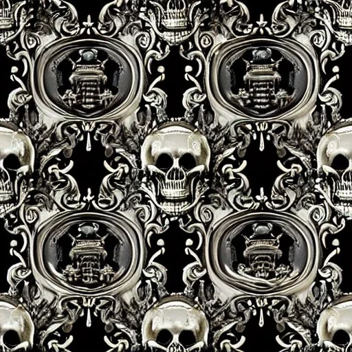 the source of future growth dramatic, elaborate emotive metallic Baroque and Rococo styles to emphasise death as a transcendental, seamless pattern, symmetrical, large motifs, sistine chapel ceiling, 8k image, sharp focus, gothic mothifs and (skulls:1) in rococo style, black metal forge, black colors, perfect symmetry, 3D, no blur, sharp focus, photorealistic, insanely detailed and intricate, cinematic lighting, Octane render, epic scene, 8K