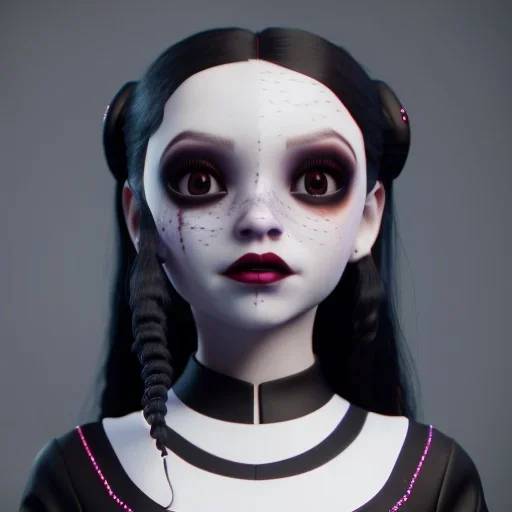 Jenna ortega with wednesday addams black dress,soft goth libstick, wednesday addams make up, dramatic lighting, highly detailed, volumetric lighting, unreal engine, 8k