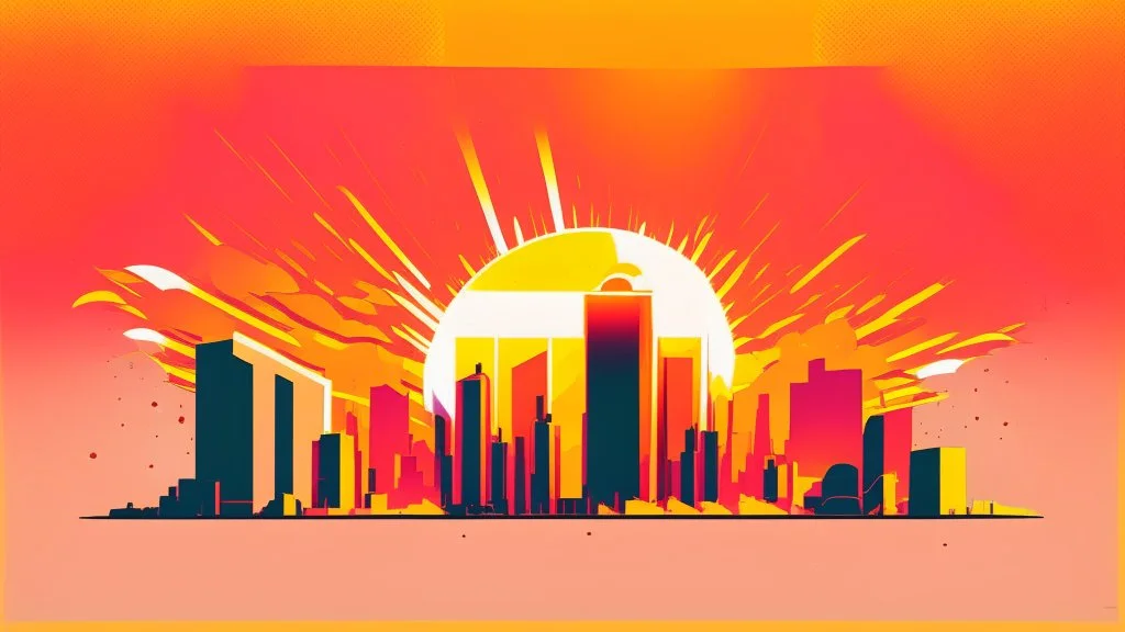minimal design,shapes, synthwave, synthwave sun, synthwave city, simple,iconic:1.8), Explosion of color in city, comic style
