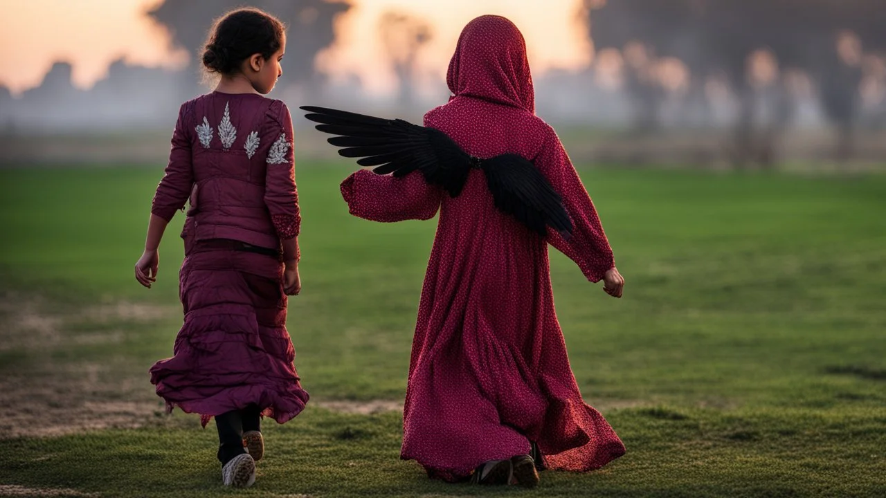 A Palestinian girl have tow wings wearing an old dress in gaza during sunset in winter.