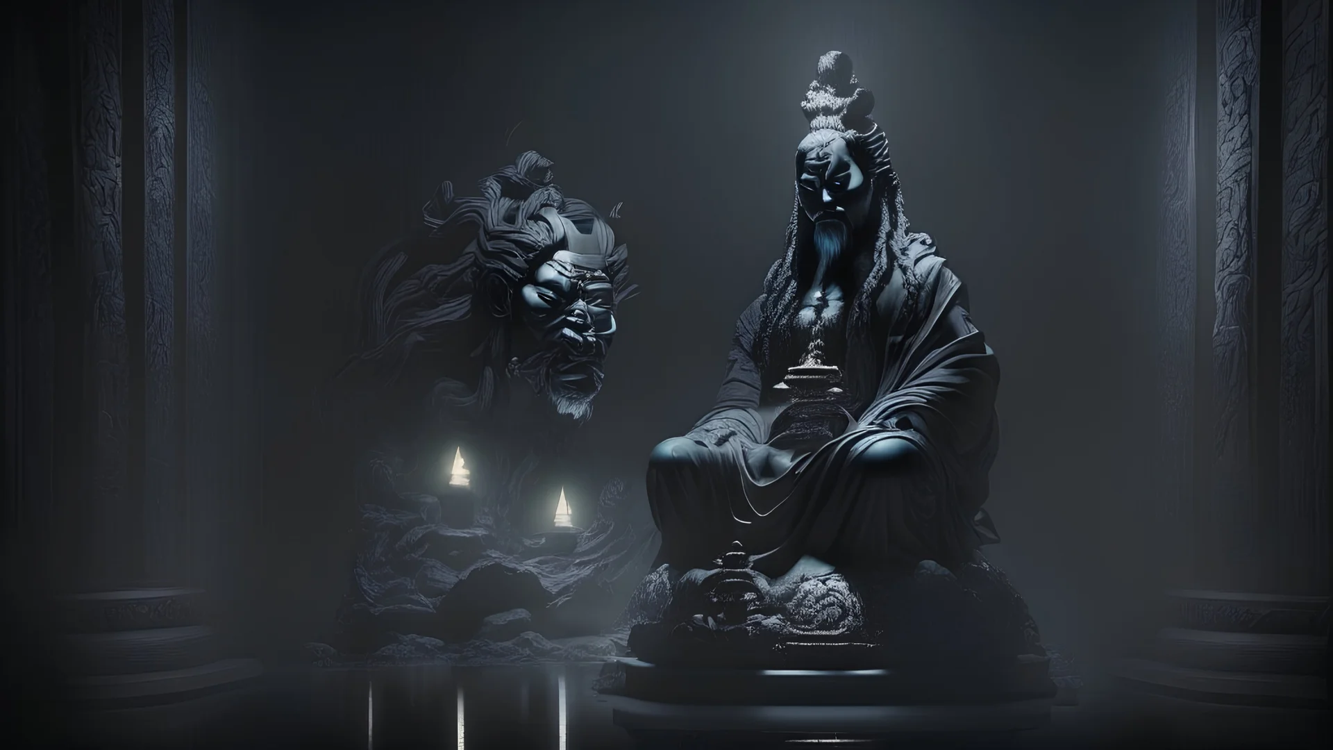 Ancient Chinese, God, Statue, Kept in a Dark Room with no light, ultra hd detailed, surrounded by ultimately terrfying black aura, portrait