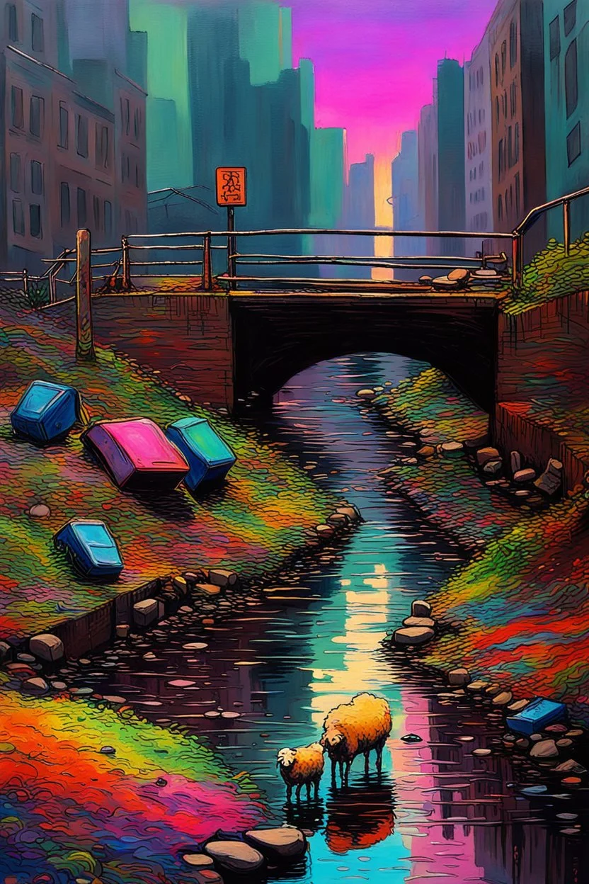 painting of a cyberpunk colourful natural walkway rubbish on the street in the city with pollution and a small bridge by a creek with electric sheep and androids by monet