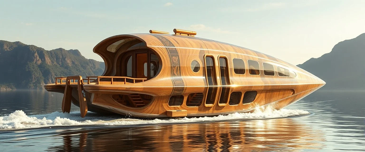 benign transparent superwood alien mega scifi boat with superwood draw bridge and wing doors