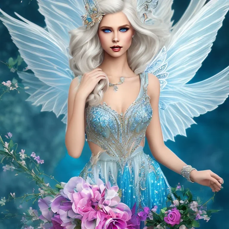 Fantasy fairy with transparent wings, smiling, make up, long platinum blond hair with crown and flowers, blue dress, flower background