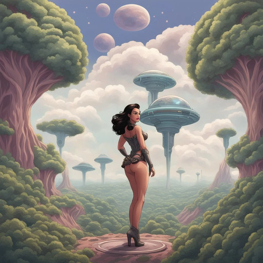 slim Sci-fi pin-up girl on an alien planet of cloud trees in the multiverse