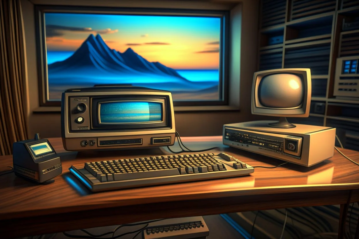 retro tech on a desk, immersive surreal landscape