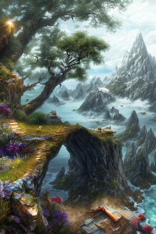 photorealism a mountain island, surrounded by ocean, reaching up into the clouds